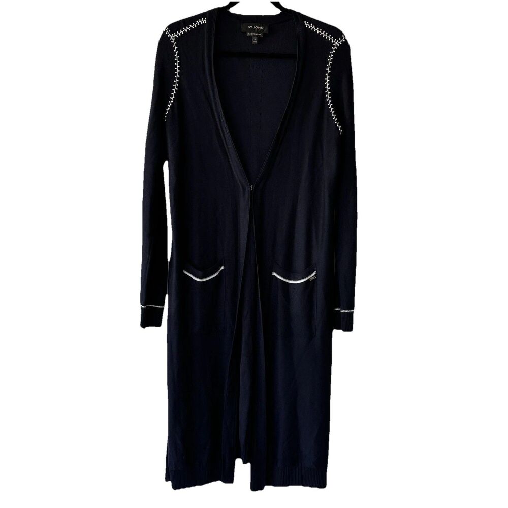 St John Navy Blue and White Hand beaded Long Cardigan Sweater Size M